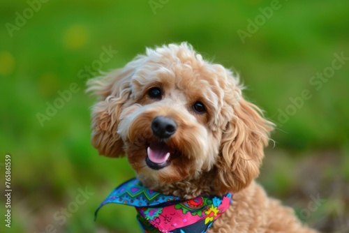 A Cockapoo posing for the camera with a fetching bandana around its neck, its charming smile melting hearts wherever it goes, photo