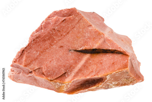 close up of sample of natural stone from geological collection - unpolished red mookaite mineral isolated on white background from Australia photo