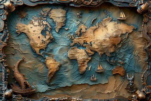 Wallpaper Mural A sculpted 3D nautical map with raised topography, ancient vessels, and sea creatures, in hues of ocean blue and aged gold. Torontodigital.ca