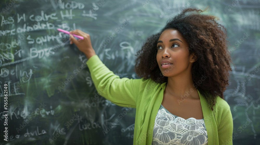 A teacher is writing on a chalkboard during a lesson. A teacher is writing on a chalkboard during a lesson.