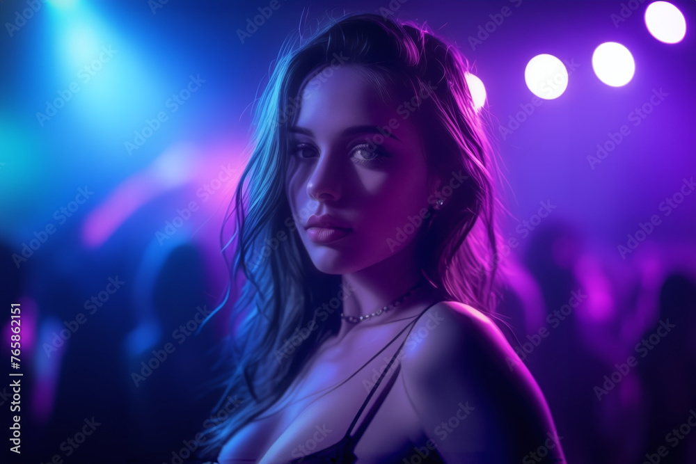 Disco event, DJ dancer woman in neon lights. Sexy girl at the night club party. generative ai