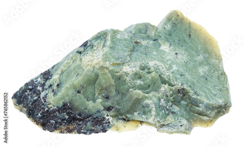 close up of sample of natural stone from geological collection - unpolished khantigirite (teysky jade) mineral isolated on white background from Teyskoe deposit, Khakassia photo