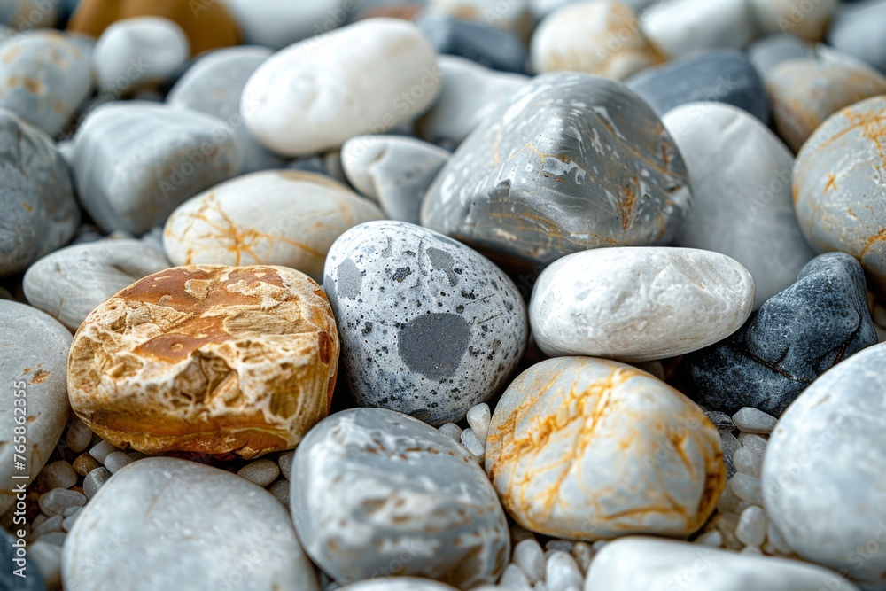 A close-up of smooth pebbles in muted tones with distinctive marbled patterns.