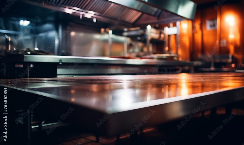 Empty metal table, professional restaurant kitchen background, copy space