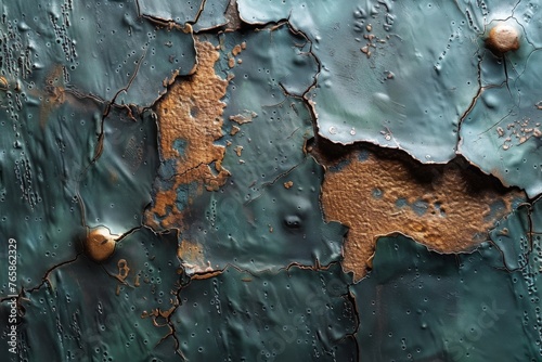 The aged teal paint over metal corrodes into a canvas of verdigris and golden rust.