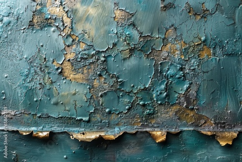 The aged teal paint over metal corrodes into a canvas of verdigris and golden rust. photo
