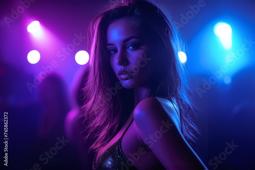 Disco event, DJ dancer woman in neon lights. Sexy girl at the night club party. generative ai