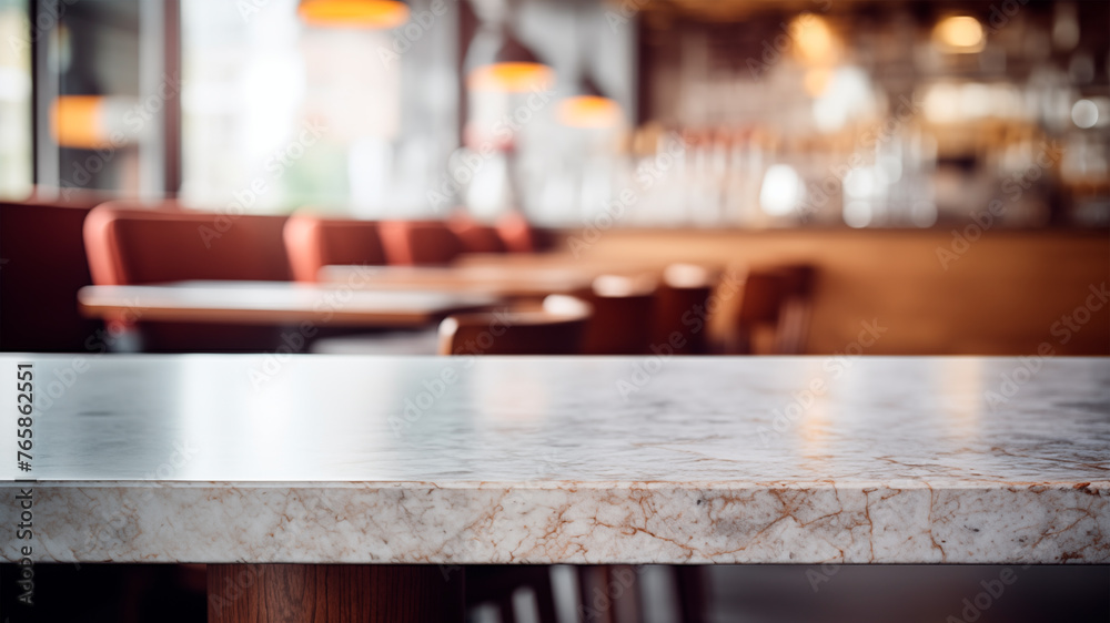 Empty marble table, blurred restaurant background with copy space