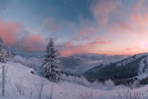 Panorama of the winter sunrise in the mountains © Barra Fire