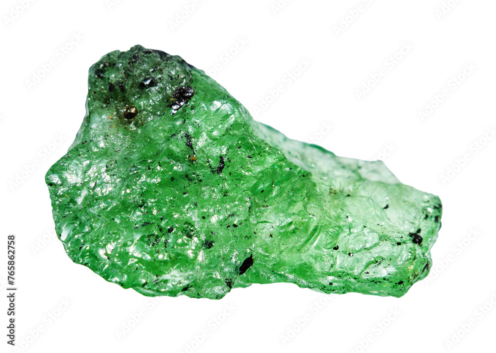 close up of sample of natural stone from geological collection - unpolished tsavorite garnet mineral isolated on white background from Tanzania close up of sample of natural stone from geological collection - unpolished tsavorite garnet mineral isolated on white background from Tanzania