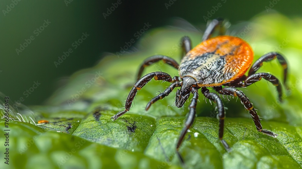 Parasite mite sitting on a green leaf. Danger of tick bite. Parasite mite sitting on a green leaf. Danger of tick bite.
