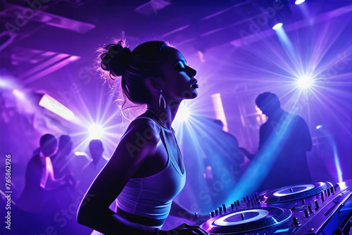 Disco event, DJ dancer woman in neon lights. Sexy girl at the night club party. generative ai
