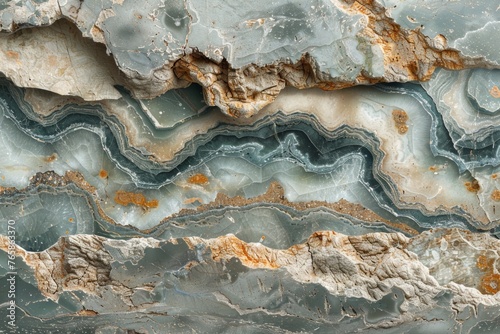 Layers of agate stone create wavy patterns, interlaced with rust-colored inclusions against a backdrop of muted blue-gray hues.