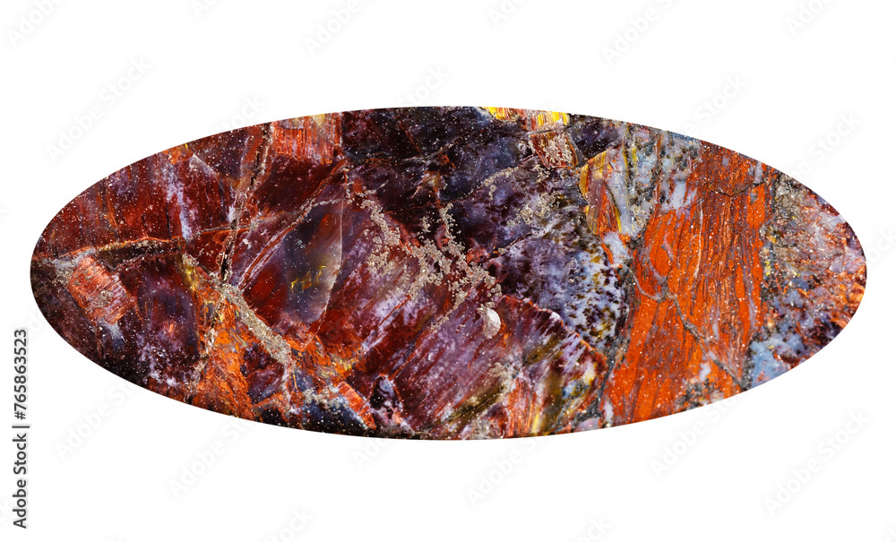 close up of sample of natural stone from geological collection - polished flat oval from pietersite mineral isolated on white background close up of sample of natural stone from geological collection - polished flat oval from pietersite mineral isolated on white background