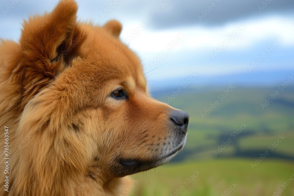 A close-up of a regal Chow Chow with a lush coat, its expression reflecting its dignified demeanor, against a serene backdrop,