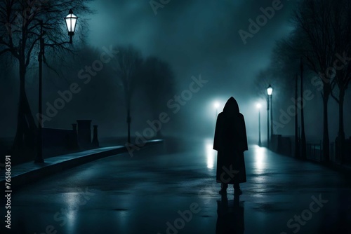 alone person in the fog at night 