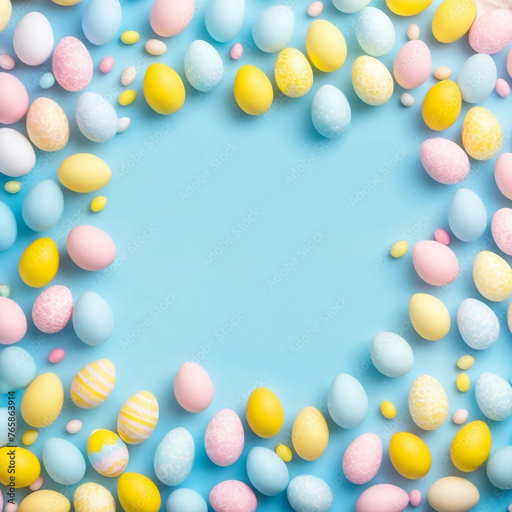 Easter party concept. Top view photo of white pink blue and yellow eggs on isolated pastel blue background with copyspace in the middle. Created by A.I Easter party concept. Top view photo of white pink blue and yellow eggs on isolated pastel blue background with copyspace in the middle. Created by A.I