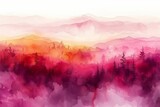 Watercolor landscape blending warm sunrise hues with silhouetted pine trees in a tranquil scene.