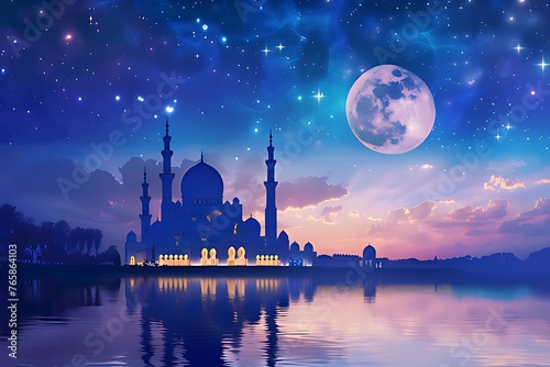 Beautiful landscape mosque at night with crescent moon and starry sky,eid al adha