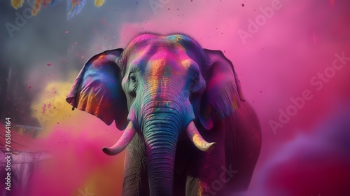 Elephant with multicolored paint splashes on his body. © Robina