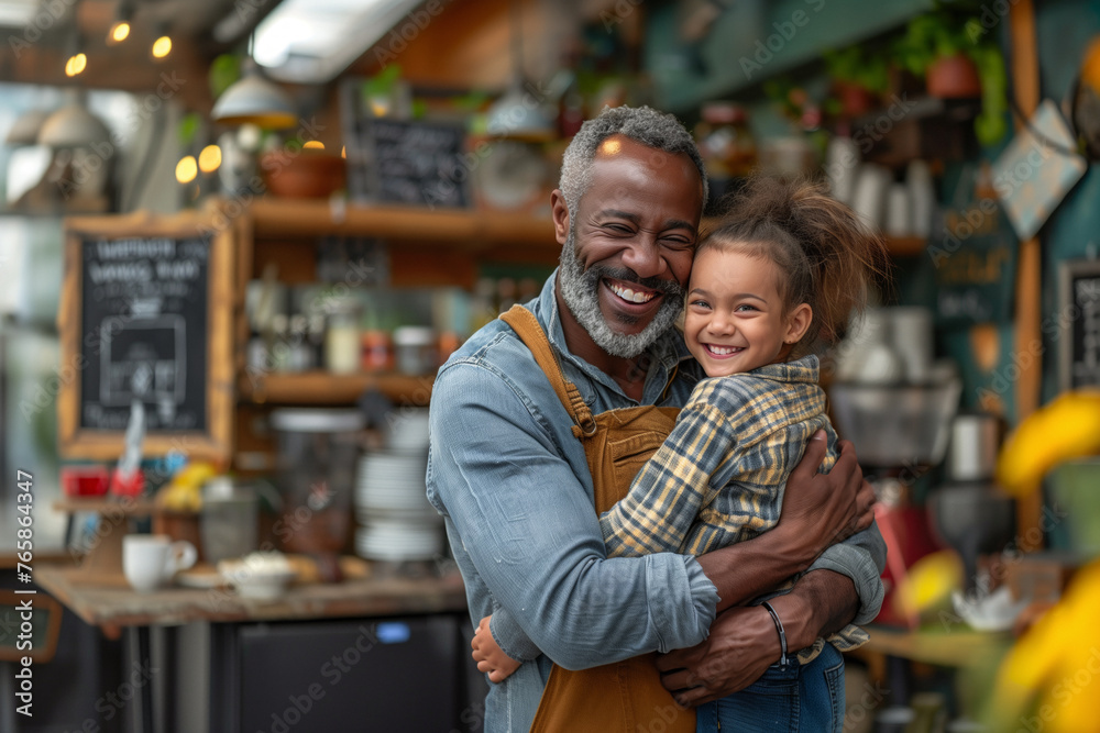 Happy African American entrepreneur hugs his little daughter with a bright smile, in a multi-generational family moment inside his local small business