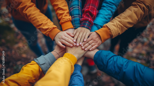 A diverse group of children's camp counselors stack hands together in a show of unity and teamwork, against a blurred autumn background. School activities in nature, environmental education.