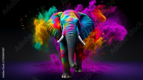 Elephant in colorful paint splashes on black background. Mixed media © Robina