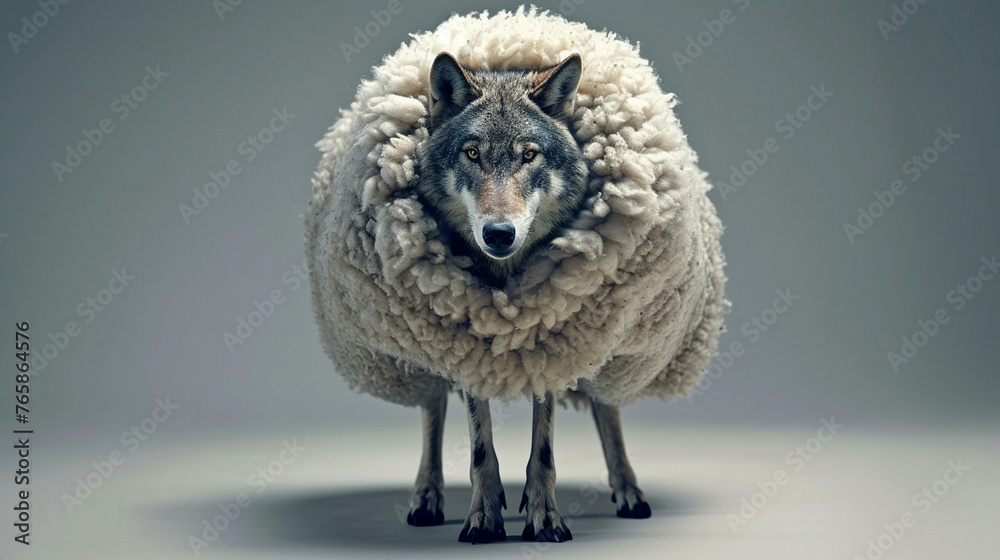 Fototapeta wolf pretending to be a sheep wolf in sheep's clothing concept