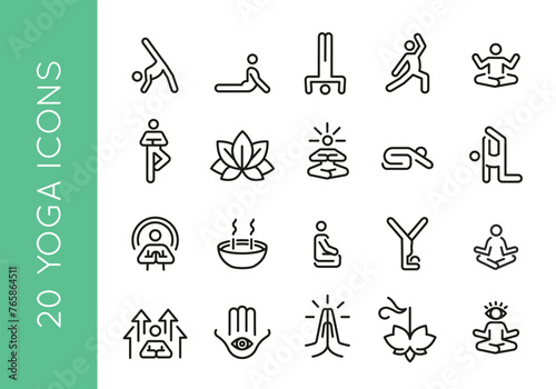 20 yoga pose icons for web, mobile, promo. Fit yoga, sport, well-being, lifestyle categories. Black outlines, white background. Vector illustration