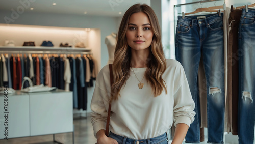 Stilvolle junge Frau sucht Designer-Jeans in einem exklusiven Modegeschäft photo