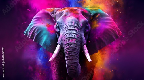 Elephant in colorful paint splashes. Multicolored background.