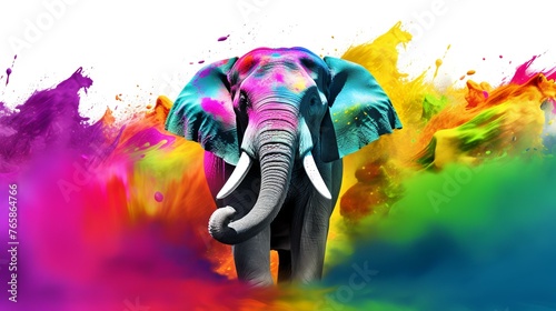 Elephant with colorful paint splashes isolated on a white background. © Robina