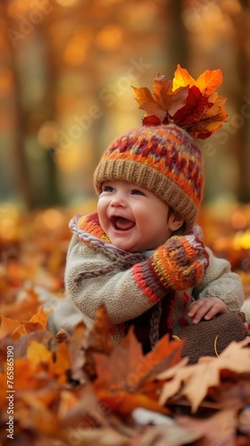 A baby wearing a knitted hat and mittens  sitting in a pile of autumn leaves  laughing with joy