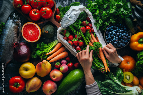 Persona fa la spesa e sceglie prodotti freschi e sani, come frutta, verdura e pesce, per una dieta equilibrata photo