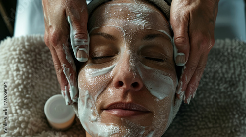 Esperienza spa di lusso, con una donna rilassata che riceve un trattamento viso photo