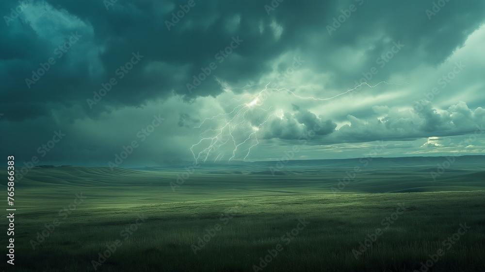 A dramatic thunderstorm brewing over a vast expanse of rolling plains, with lightning illuminating the sky - obrazy, fototapety, plakaty 