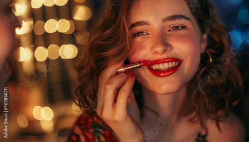 Ragazza con un sorriso luminoso applica il rossetto rosso mentre si prepara per una serata speciale photo