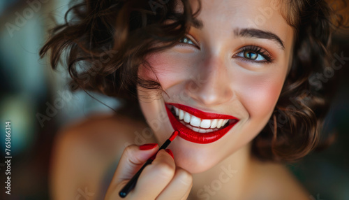 Ragazza con un sorriso luminoso applica il rossetto rosso mentre si prepara per una serata speciale photo