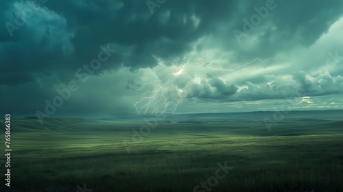 A dramatic thunderstorm brewing over a vast expanse of rolling plains, with lightning illuminating the sky
