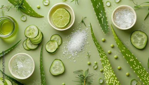 Composizione artistica di ingredienti naturali come aloe vera, cetriolo e olio dell'albero del tè, utilizzati nella produzione di prodotti per la cura della pelle photo