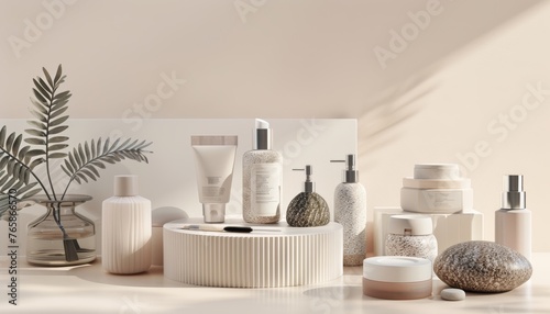 Composizione artistica di vari prodotti cosmetici elegantemente disposti su sfondo neutro photo