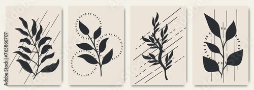 Vector illustration of black and white leaves, branch, flower, sacral geometric simbols isolated on white background. Botanical background design for wall framed prints. photo