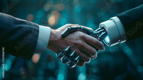 Stretta di mano tra mano umana e mano robotica, a rappresentare collaborazione tra uomo e tecnologia per garantire la sicurezza informatica photo