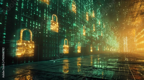 Protezione dei dati come un muro impenetrabile  con lucchetti e barriere virtuali