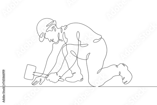 One continuous line. Construction worker. The builder uses a hammer. Construction works. Building renovation. One continuous line is drawn on a white background.