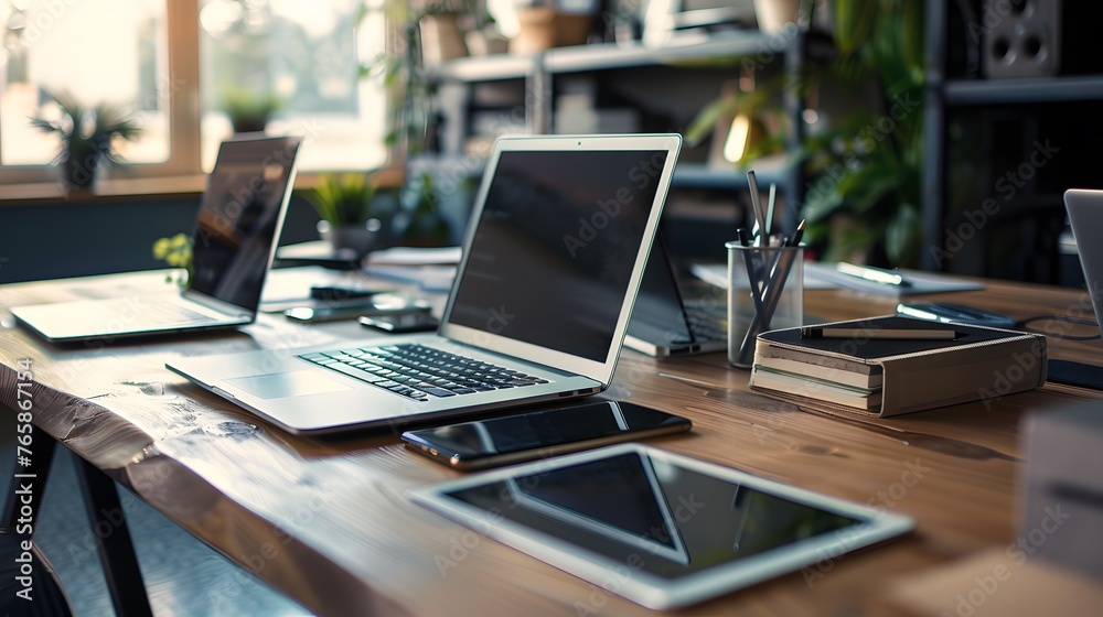 Laptop, mobile phone, tablet and documents on a working table in creative office. Successful teamwork and business startup concept. Toned image Laptop, mobile phone, tablet and documents on a working table in creative office. Successful teamwork and business startup concept. Toned image
