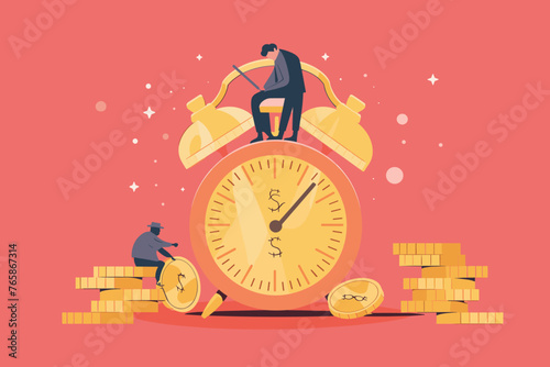 Retirement Savings Concept - Senior Piggybank with Alarm Clock, Pension Fund Investment. Wealthy Elderly Saving for Future, Earning Profit. Vector Illustration for Financial Planning, Web Banner.