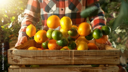 Closeup of Farmer Holding Wooden Crate with Falling Citrus Mix.