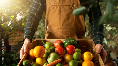 Closeup of Farmer Holding Wooden Crate with Fruit and Vegetable.