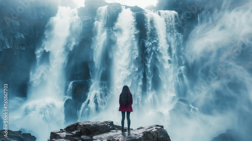 Woman looking at beautiful waterfall